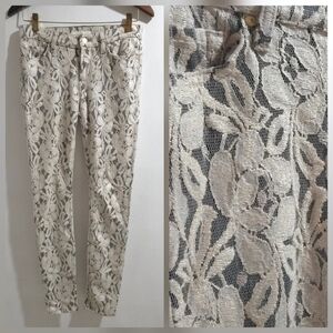 7 For All Mankind | Women's Cream And Gold Tone Lace Pattern Pant
